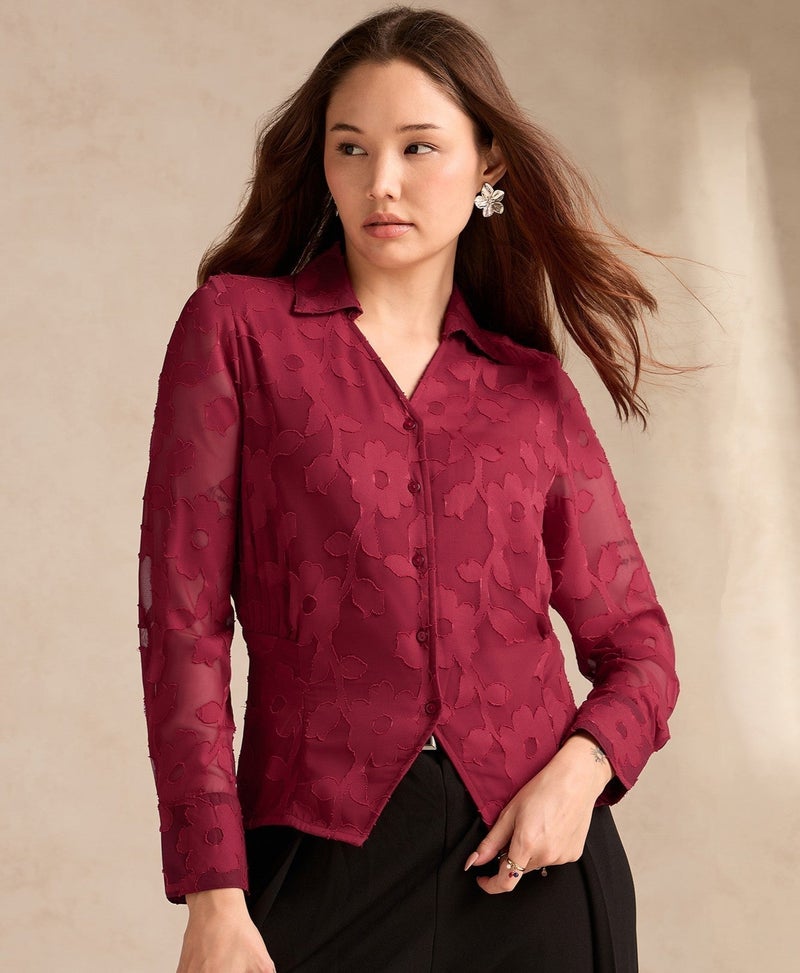 OUTZIDR Red Regular Fit Long Sleeves Shirt In Jacquard Fabric - Image 4