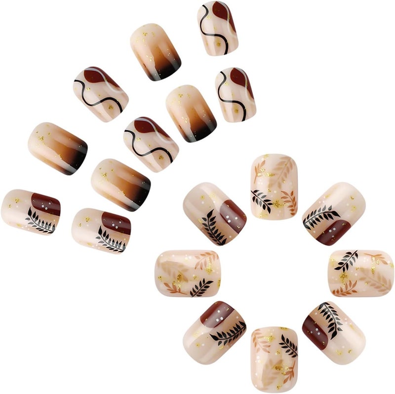 WULIUFLY Freeze crack proof Fall Press on Nails Short Square Fake Nails Brown Glue on Nails Thanksgiving False Nails Full Cover Autumn Leaves Acrylic Nails Glitter Design Short Nails Press ons Artificial Nails Kit 24Pcs Set product combo compatible - Image 3