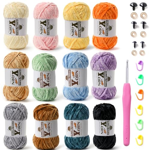 Sekafris 12 Pack Multicolor Crochet Yarn Fluffy Chunky Chenille Yarn for Crocheting Fuzzy Velvet Yarn for Crochet Kit Baby Yarn for Crocheting Soft Amigurumi Yarn Set B 100g87yds Each - Image 1
