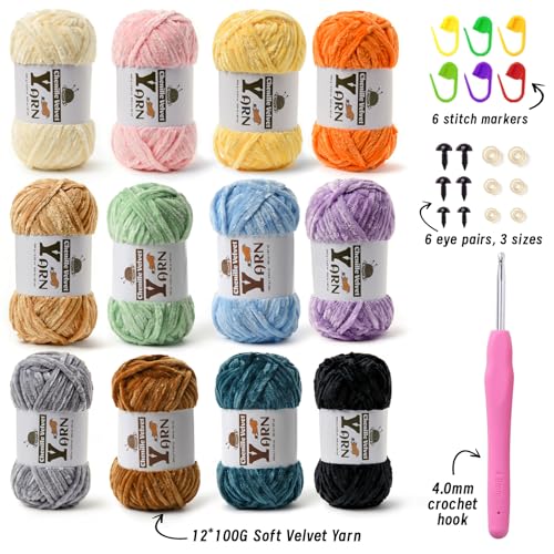 Sekafris 12 Pack Multicolor Crochet Yarn Fluffy Chunky Chenille Yarn for Crocheting Fuzzy Velvet Yarn for Crochet Kit Baby Yarn for Crocheting Soft Amigurumi Yarn Set B 100g87yds Each - Image 3