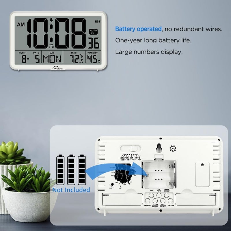WallarGe Auto-Set Digital Wall Clock Battery Operated, Desk Clocks with Temperature, Humidity and Date, Large Display, Digital Calendar Alarm Clock for Elderly, Bedroom, Office, 8" - Image 4