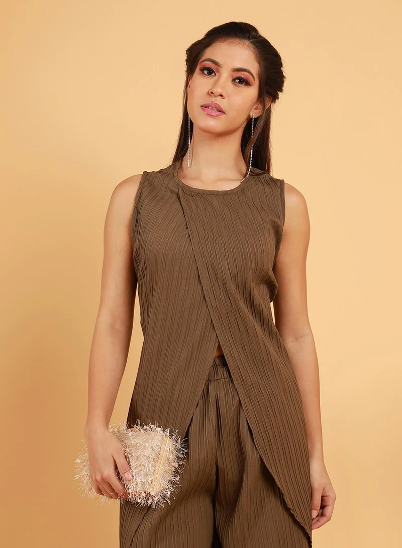  قصة Women's Taupe Brown Textured Wrap Kurta With Trousers