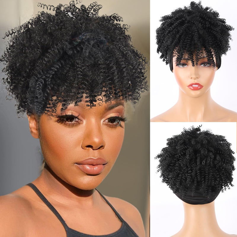 Aisaide Headband Wrap Wig for Black Women  Synthetic Short Afro Kinky Curly Black With Bangs Scarf 2 in 1 Afro Headwrap With Headband Attached Dark Brown High Puff Ponytail