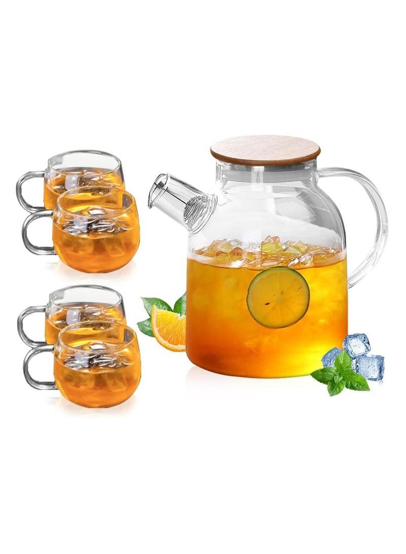 Hihonor Glass Water Pitcher,With Bamboo Lid and a Filter Coil,Capacity 1800ml, Four cups, Heat Resistant Glass Water Jug,for Tea, Coffee, Stovetop,Milk, Juice, Iced Tea (With 4 Cups)  - Image 1