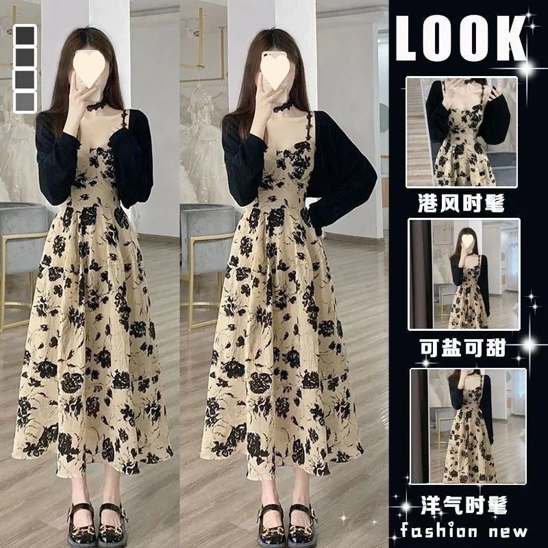 2023 Summer French Retro Floral Slip Dress Hepburn Style Cardigan Set TC171{2 pieces suit}