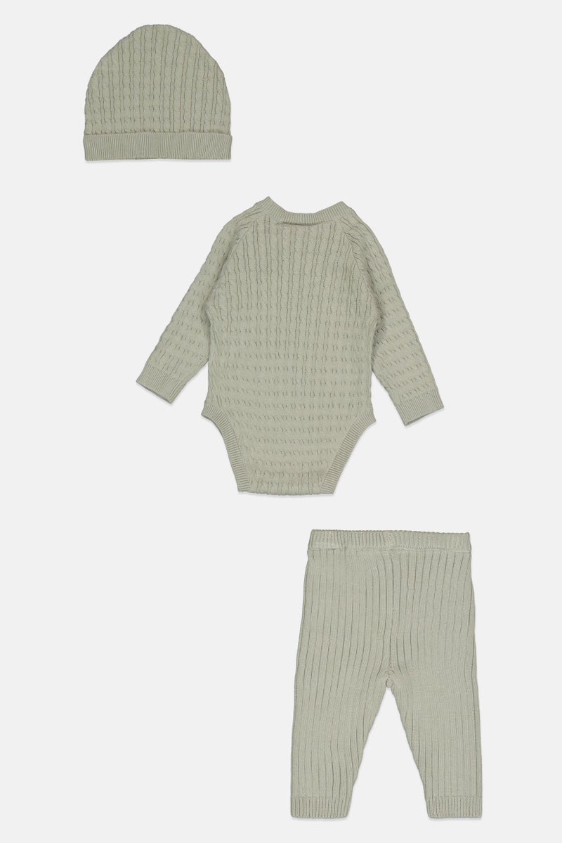 Toddlers Boy 3 Pieces Knitted Bodysuit And Pants With Cap Set, Sage Green