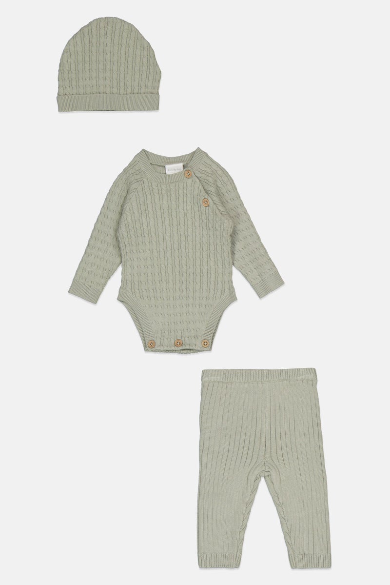 Toddlers Boy 3 Pieces Knitted Bodysuit And Pants With Cap Set, Sage Green