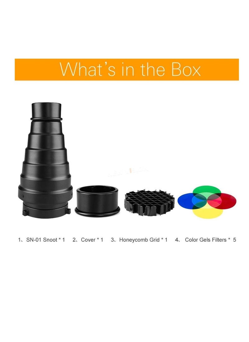 Generic SN-01 Metal Conical Snoot with Honeycomb Grid 5pcs Color Filter Kit for Bowens Mount Studio strobe monolight  - Image 4