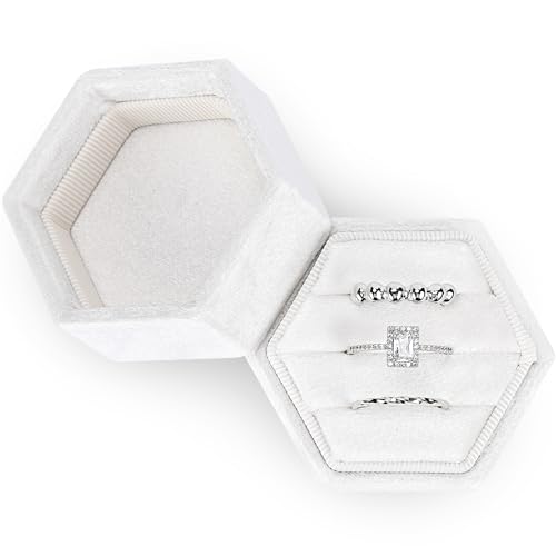 WantGor Velvet Jewelry Ring Box, 3 Slots Hexagon Ring Gift Box Vintage Ring Display Holder Case for Wedding Ceremony Proposal Engagement (White) - Image 1