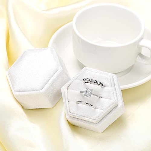 WantGor Velvet Jewelry Ring Box, 3 Slots Hexagon Ring Gift Box Vintage Ring Display Holder Case for Wedding Ceremony Proposal Engagement (White) - Image 4