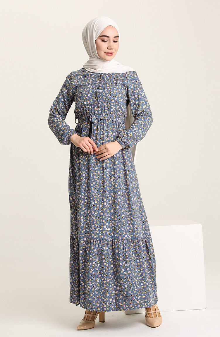 Sefa Merve Floral Patterned Dress 4066-05 Indigo  - Image 1