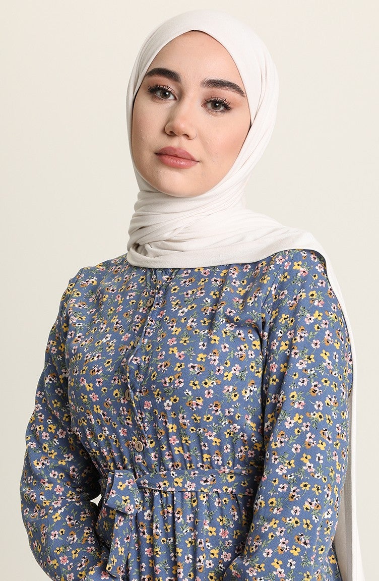 Sefa Merve Floral Patterned Dress 4066-05 Indigo  - Image 4