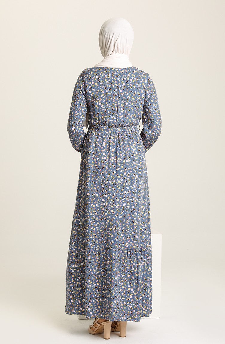 Sefa Merve Floral Patterned Dress 4066-05 Indigo  - Image 3