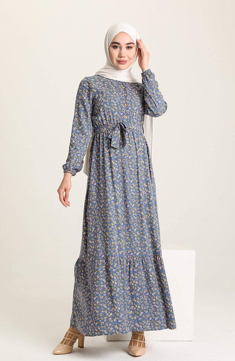 Sefa Merve Floral Patterned Dress 4066-05 Indigo  - Image 2