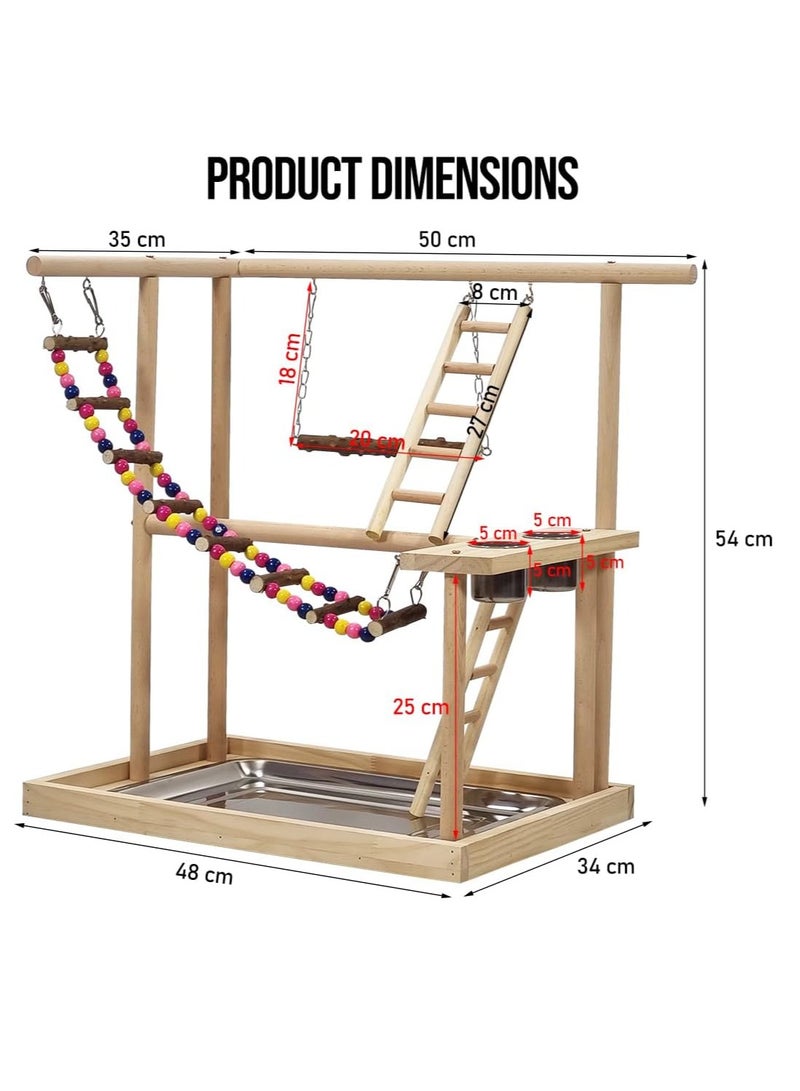 NNC PETS Bird stand, Natural wood bird play stand for small to medium birds, Interactive bird stand with Swinging perch, Feeding cups, Climbing ladders, Removable tray, and Anti-slip bottom 54 cm (Beige) - Image 2