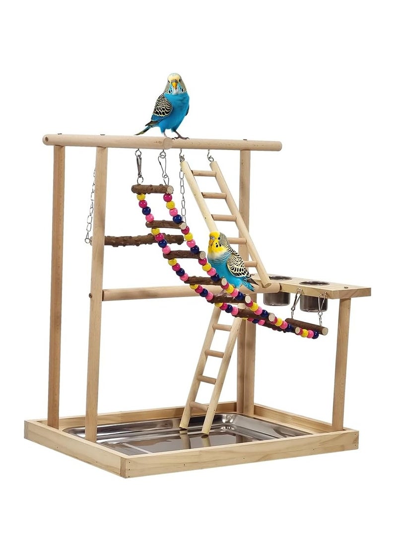 NNC PETS Bird stand, Natural wood bird play stand for small to medium birds, Interactive bird stand with Swinging perch, Feeding cups, Climbing ladders, Removable tray, and Anti-slip bottom 54 cm (Beige) - Image 1