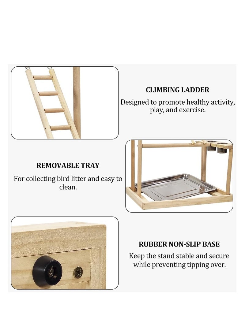 NNC PETS Bird stand, Natural wood bird play stand for small to medium birds, Interactive bird stand with Swinging perch, Feeding cups, Climbing ladders, Removable tray, and Anti-slip bottom 54 cm (Beige) - Image 4