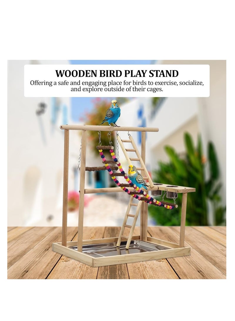NNC PETS Bird stand, Natural wood bird play stand for small to medium birds, Interactive bird stand with Swinging perch, Feeding cups, Climbing ladders, Removable tray, and Anti-slip bottom 54 cm (Beige) - Image 5