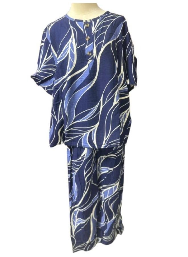 مجموعة ملابس نسائية مكونة من قطعتين، قميص بطبعة جرافيك وأكمام جناح الخفاش، وبنطلون بأرجل واسعة، يناسب المقاس المتوسط ​​والكبير - Image 1