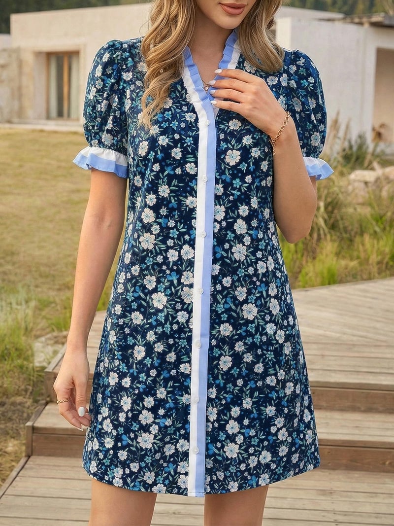 Wenrine Womens Summer Mini Dresses Casual Floral Puff Short Sleeve V Neck Button Down Ruffle Beach Sundress with Pockets Navy - Image 3