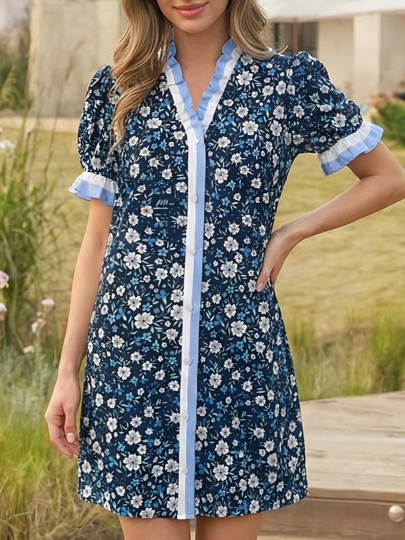 Wenrine Womens Summer Mini Dresses Casual Floral Puff Short Sleeve V Neck Button Down Ruffle Beach Sundress with Pockets Navy - Image 2