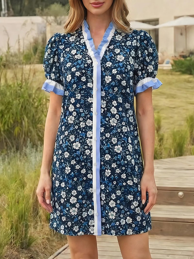 Wenrine Womens Summer Mini Dresses Casual Floral Puff Short Sleeve V Neck Button Down Ruffle Beach Sundress with Pockets Navy - Image 4