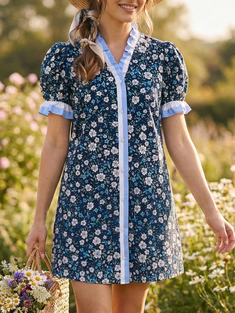 Wenrine Womens Summer Mini Dresses Casual Floral Puff Short Sleeve V Neck Button Down Ruffle Beach Sundress with Pockets Navy - Image 5