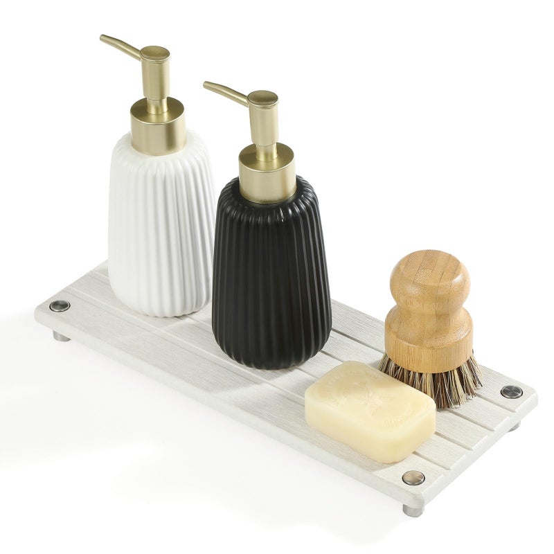 Razborci Instant Dry Sink Caddy Kitchen Sink Organizer, Quick Drying Stone Tray Diatomite Sponge Holder Soap Dish, Bathroom Countertop Fast Dry Water Absorbing Vanity Rack, Beige,12" x 5" - Image 1