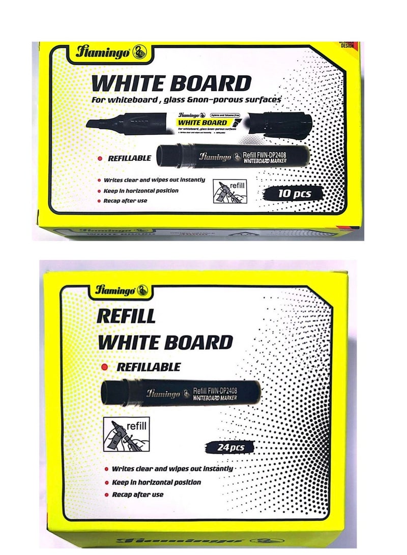 Flamingo 10-Pieces Whiteboard Markers With 24pcs Refill Ink Tube Black Color - Image 1