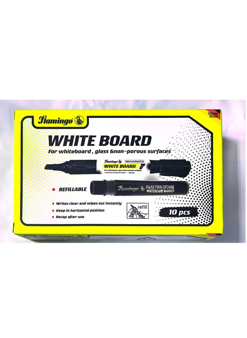 Flamingo 10-Pieces Whiteboard Markers With 24pcs Refill Ink Tube Black Color - Image 2