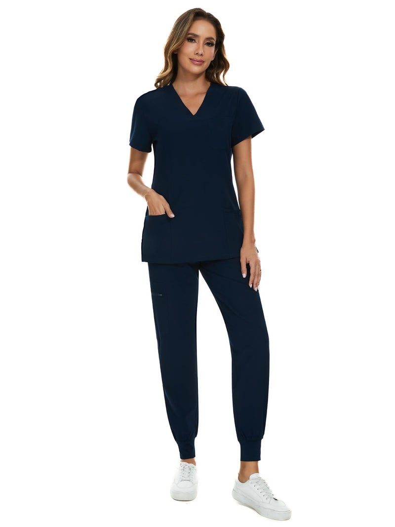 COZYFIT Scrubs for Women Set - Stretch V-Neck Scrub Top & Jogger Pant with 8 Pockets, Yoga Waistband, Anti Wrinkle, Slim Fit Women Scrubs - Navy Blue, XXL - Image 3