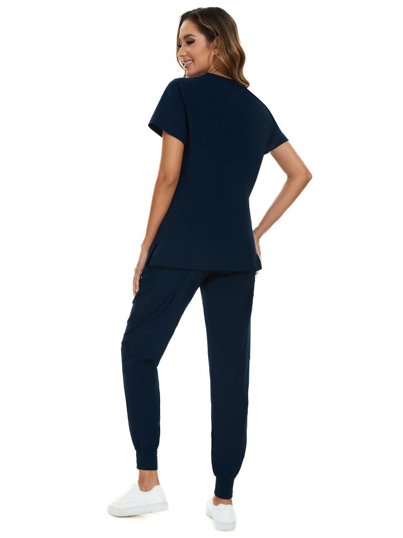 COZYFIT Scrubs for Women Set - Stretch V-Neck Scrub Top & Jogger Pant with 8 Pockets, Yoga Waistband, Anti Wrinkle, Slim Fit Women Scrubs - Navy Blue, XXL - Image 2