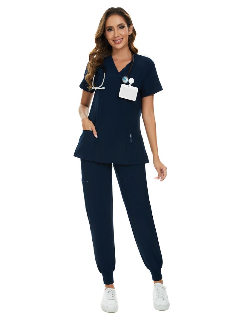 COZYFIT Scrubs for Women Set - Stretch V-Neck Scrub Top & Jogger Pant with 8 Pockets, Yoga Waistband, Anti Wrinkle, Slim Fit Women Scrubs - Navy Blue, XXL - Image 1