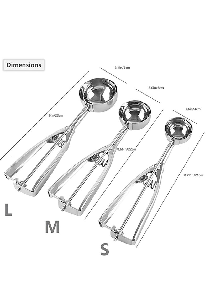3 Pcs Ice Cream Scoop, Stainless Steel Ice Cream Scooper with Trigger Release, Large/Medium/Small Cookie Scooper for Baking, Cookie Scoops for Baking Set of 3 with Cookie Dough Scoop