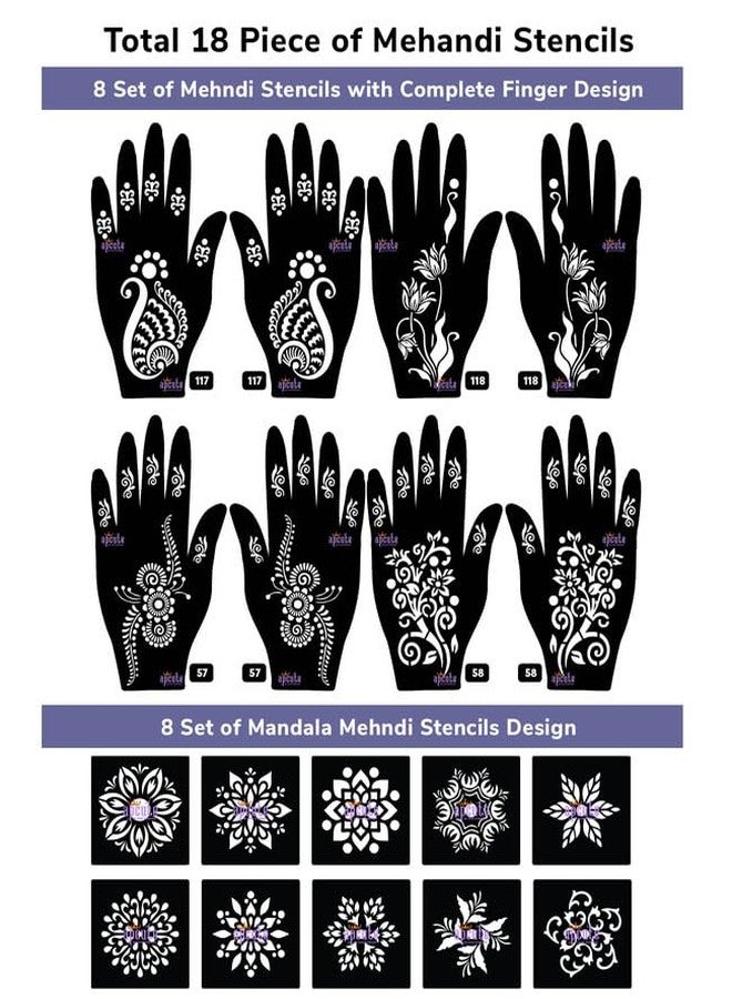 Apcute 18pc Combo Pack Mehandi Stencil Sticker, Mehendi stencil bridal, Tatoo Heena Mehndi Design Sticker for Women, Girls and Kids, Quick and Easy to use - 18PC-117-118-57-58 - Image 2