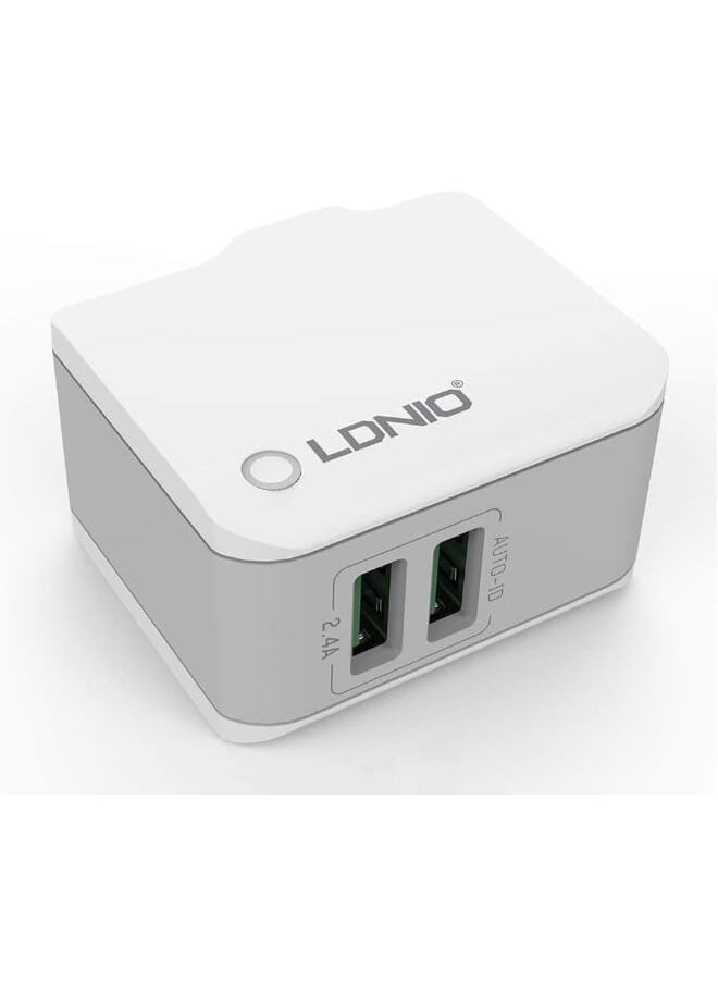 LDNIO - A2203 High Quality EU Plug Fast Travel Charger LED Display Dual USB Port 12W With Lightning USB Cable - White - Image 1