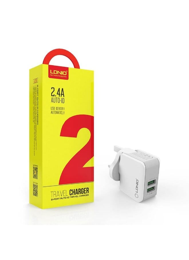 LDNIO - A2203 High Quality EU Plug Fast Travel Charger LED Display Dual USB Port 12W With Lightning USB Cable - White - Image 1