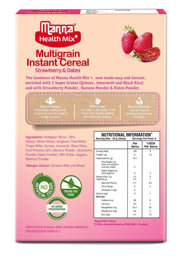 Manna Health Mix Instant Multigrain Cereal, Strawberry, Banana, Dates, with Milk. Made with Real Fruits and 7 Supergrains and Millets. No Added Sugar, No Artificial Colour, Flavours 200g - Image 2