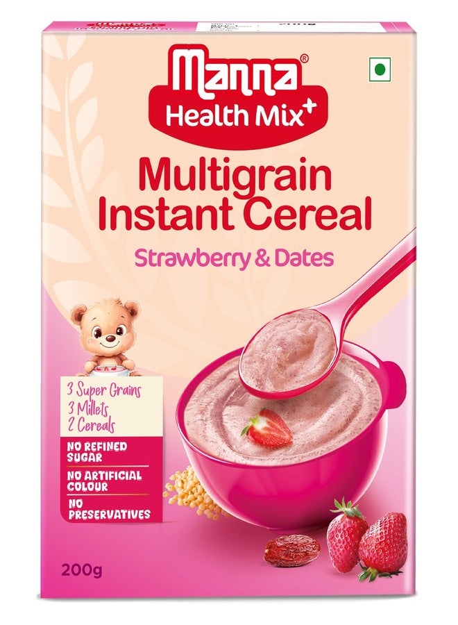 Manna Health Mix Instant Multigrain Cereal, Strawberry, Banana, Dates, with Milk. Made with Real Fruits and 7 Supergrains and Millets. No Added Sugar, No Artificial Colour, Flavours 200g - Image 1