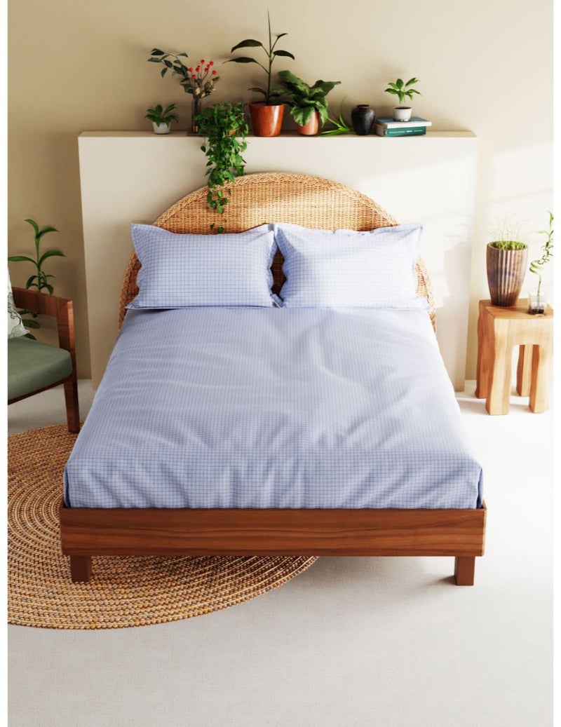 BIANCA Extra Soft 100% Satin Egyptian Cotton XL King Size Bedsheet with 2 Pillow Covers -3pc Set (Botanical) | 100% Extra Soft Satin Egyptian Cotton Designer | Checks-Blue - Image 1
