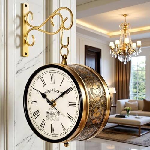 Vintage Clock Handcrafted Double Side Analog Wall Clock 1 Year Warranty / 65091-6-FHR, Iron, 15x15 cm, One English Other Side Roman Numbers, shiny Gold - Image 1