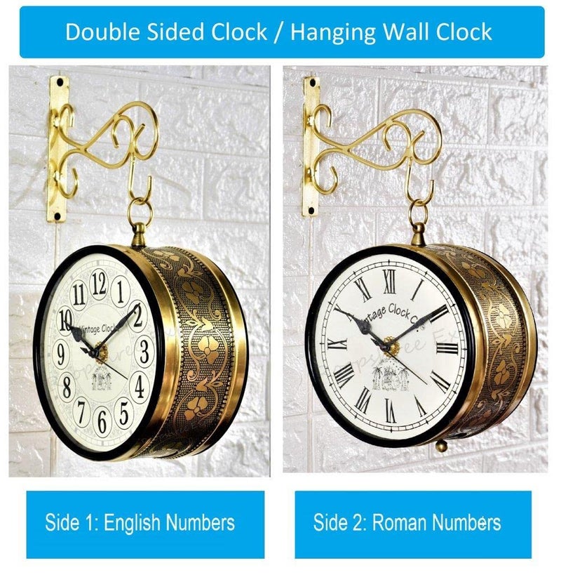 Vintage Clock Handcrafted Double Side Analog Wall Clock 1 Year Warranty / 65091-6-FHR, Iron, 15x15 cm, One English Other Side Roman Numbers, shiny Gold - Image 2