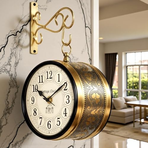 Vintage Clock Handcrafted Double Side Analog Wall Clock 1 Year Warranty / 65091-6-FHR, Iron, 15x15 cm, One English Other Side Roman Numbers, shiny Gold - Image 5