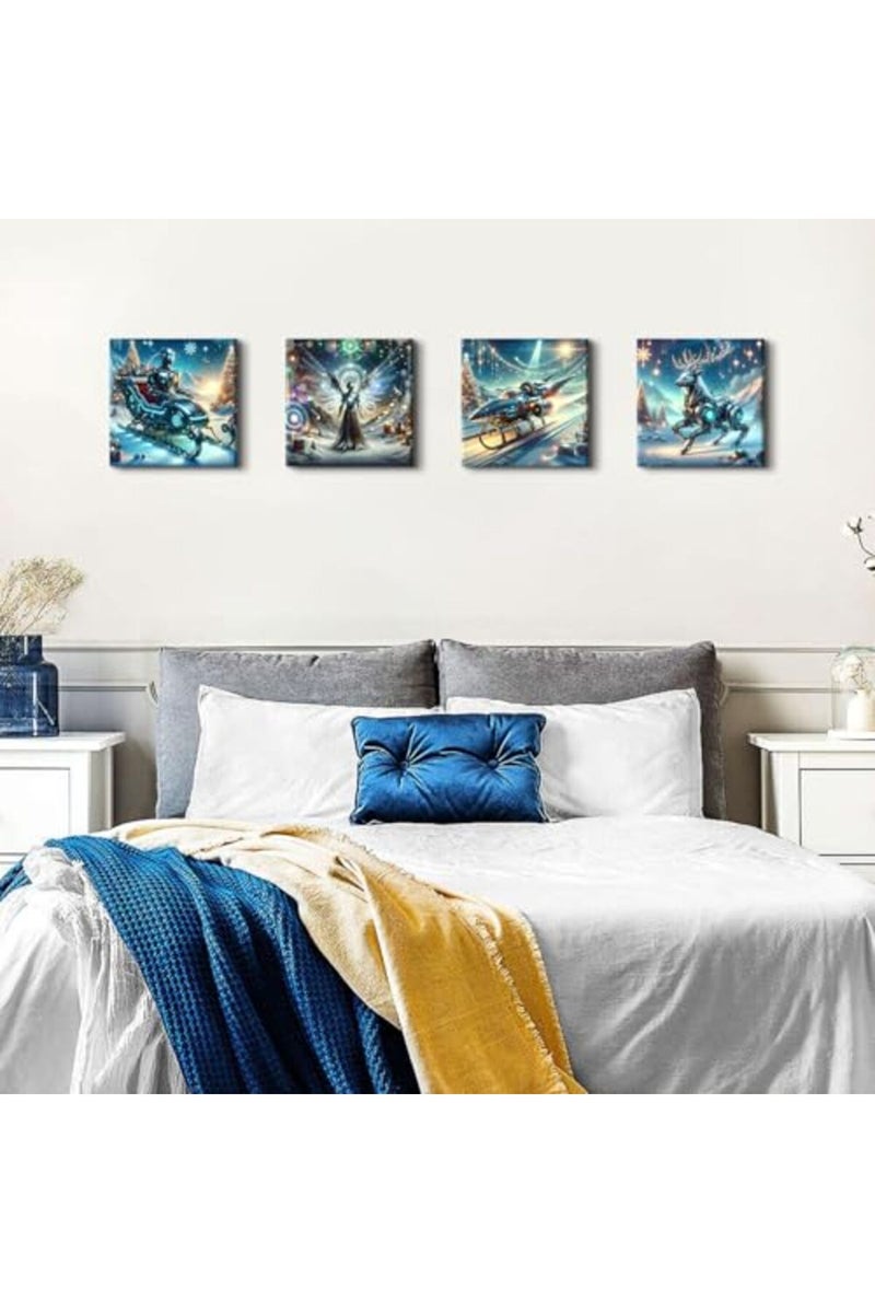sunfrower Cyberpunk Wall Art Christmas Decor for Bedroom Futuristic Decor Fantastic Robot Sleigh Deer Spaceship Pictures Canvas Prints Abstract Posters Living Room Men Boys Artwork Home Decoration 12x12" 4Pcs - Image 5