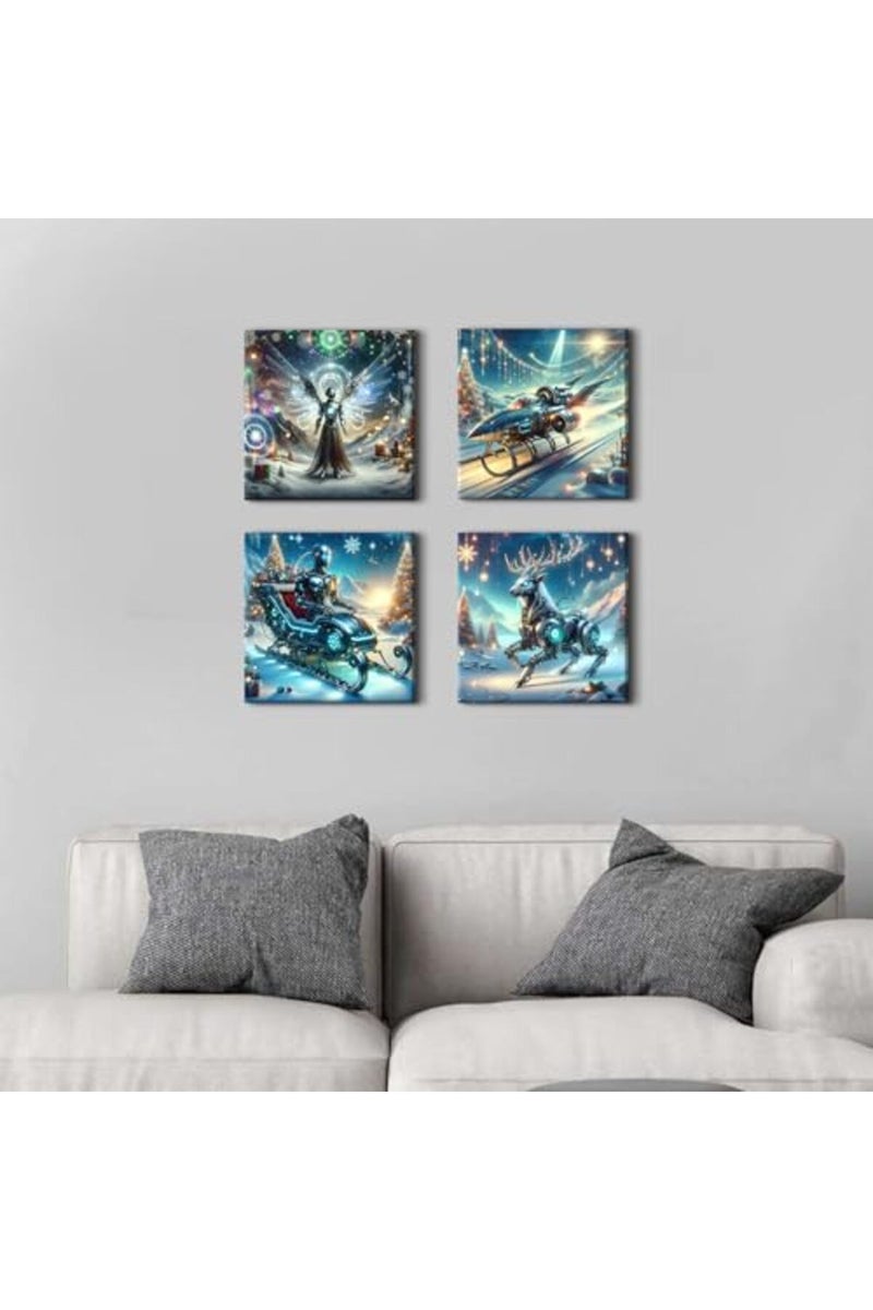 sunfrower Cyberpunk Wall Art Christmas Decor for Bedroom Futuristic Decor Fantastic Robot Sleigh Deer Spaceship Pictures Canvas Prints Abstract Posters Living Room Men Boys Artwork Home Decoration 12x12" 4Pcs - Image 3