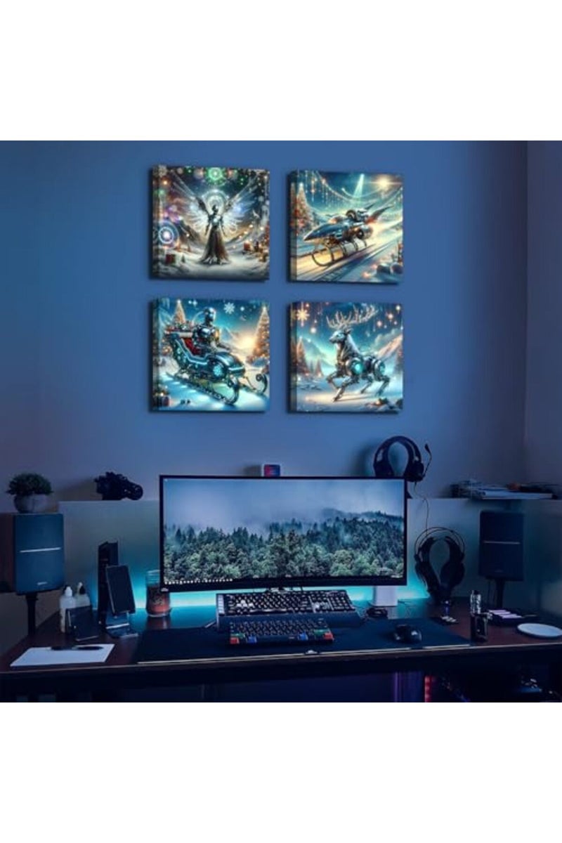 sunfrower Cyberpunk Wall Art Christmas Decor for Bedroom Futuristic Decor Fantastic Robot Sleigh Deer Spaceship Pictures Canvas Prints Abstract Posters Living Room Men Boys Artwork Home Decoration 12x12" 4Pcs - Image 2