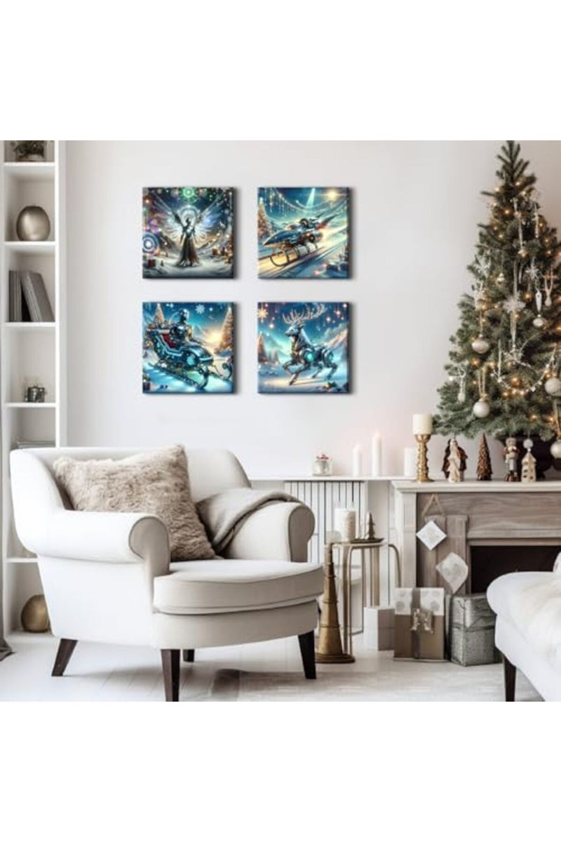 sunfrower Cyberpunk Wall Art Christmas Decor for Bedroom Futuristic Decor Fantastic Robot Sleigh Deer Spaceship Pictures Canvas Prints Abstract Posters Living Room Men Boys Artwork Home Decoration 12x12" 4Pcs - Image 4
