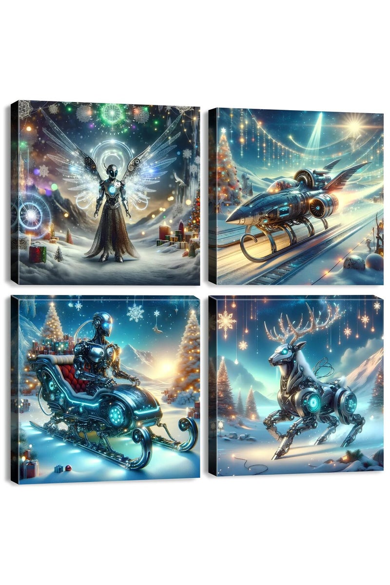 sunfrower Cyberpunk Wall Art Christmas Decor for Bedroom Futuristic Decor Fantastic Robot Sleigh Deer Spaceship Pictures Canvas Prints Abstract Posters Living Room Men Boys Artwork Home Decoration 12x12" 4Pcs - Image 1