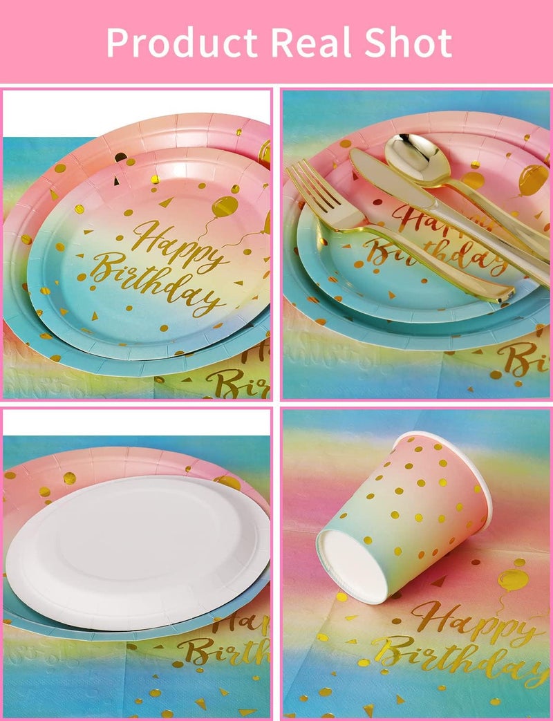 Nkaiso Birthday Party Tableware  161 Pieces Rainbow gold Party Supplies  Party Dinnerware Sets Include Paper Plates Napkins Cups Silverware  for Shower Engagement Parties Decoration -20 Serves - Image 1