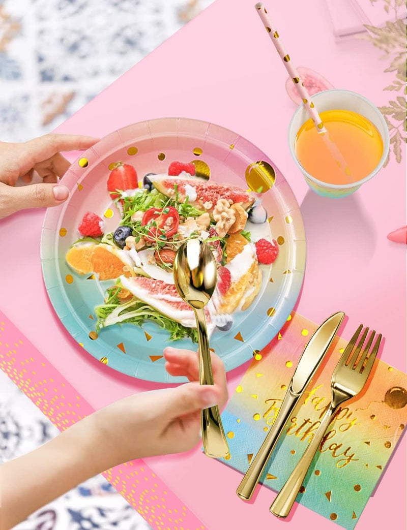 Nkaiso Birthday Party Tableware  161 Pieces Rainbow gold Party Supplies  Party Dinnerware Sets Include Paper Plates Napkins Cups Silverware  for Shower Engagement Parties Decoration -20 Serves - Image 3